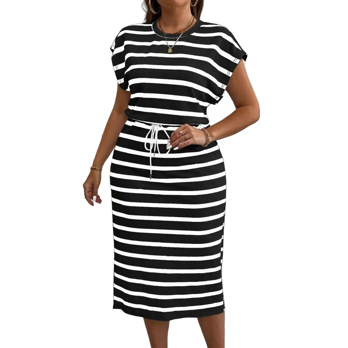 Robe Rayée Cintrée Grande Taille Col Rond – Élégante Été