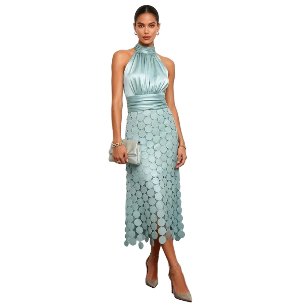 Robe Longue Satinée Femme – Col Rond et Style Élégant