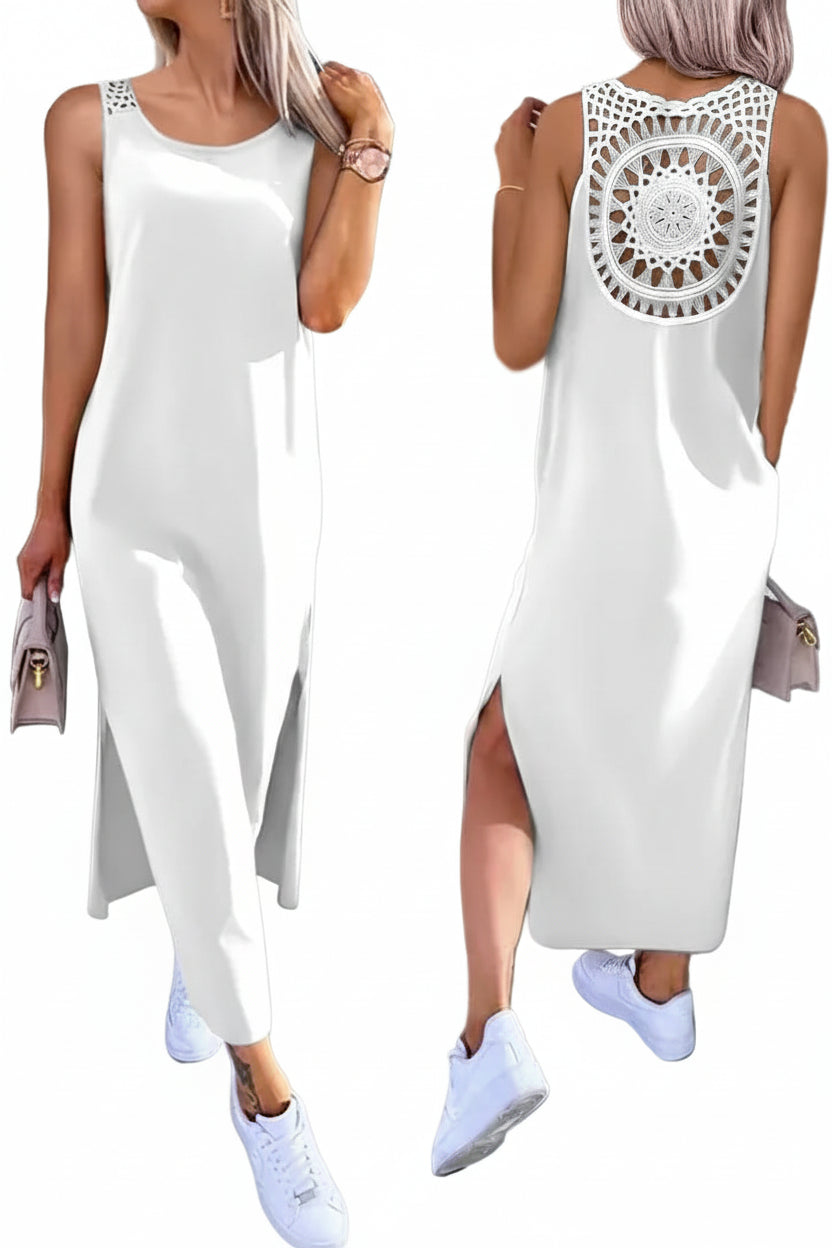 Robe longue en dentelle fente ajourée pour femme