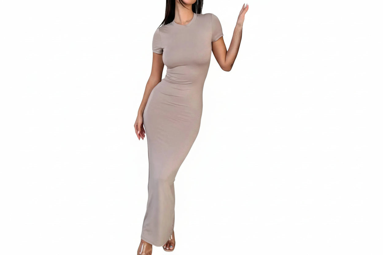 Robe Moulante Femme Col Rond Manches Courtes – Robe Sexy Mode Élégante