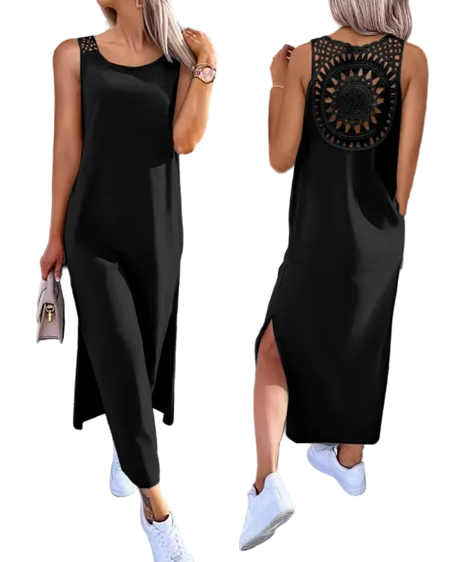 Robe longue en dentelle fente ajourée pour femme