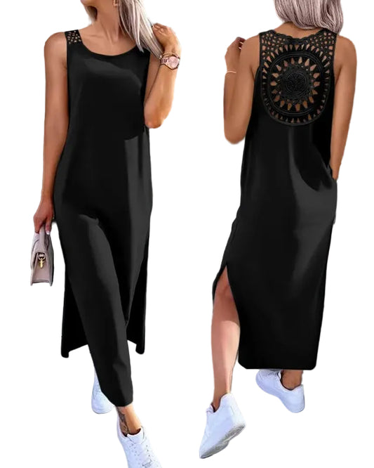 Robe longue en dentelle fente ajourée pour femme