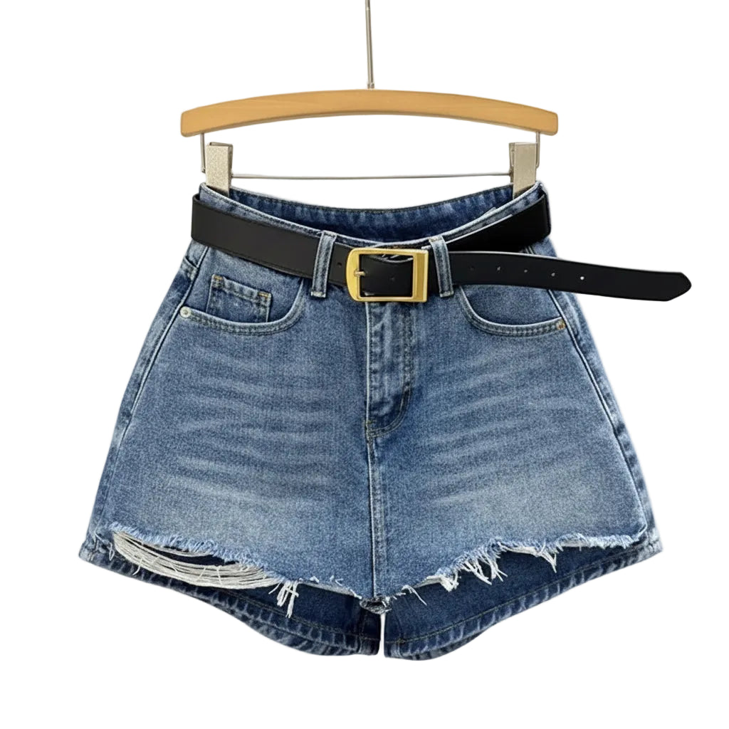 Jupe-short en jean déchiré taille haute pour femme – Denim slim style streetwear