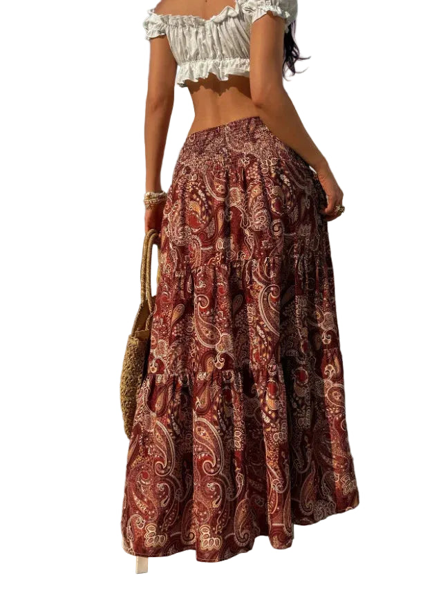 Jupe Longue Bohème Imprimée Taille Haute – Coupe Trapèze Superposée