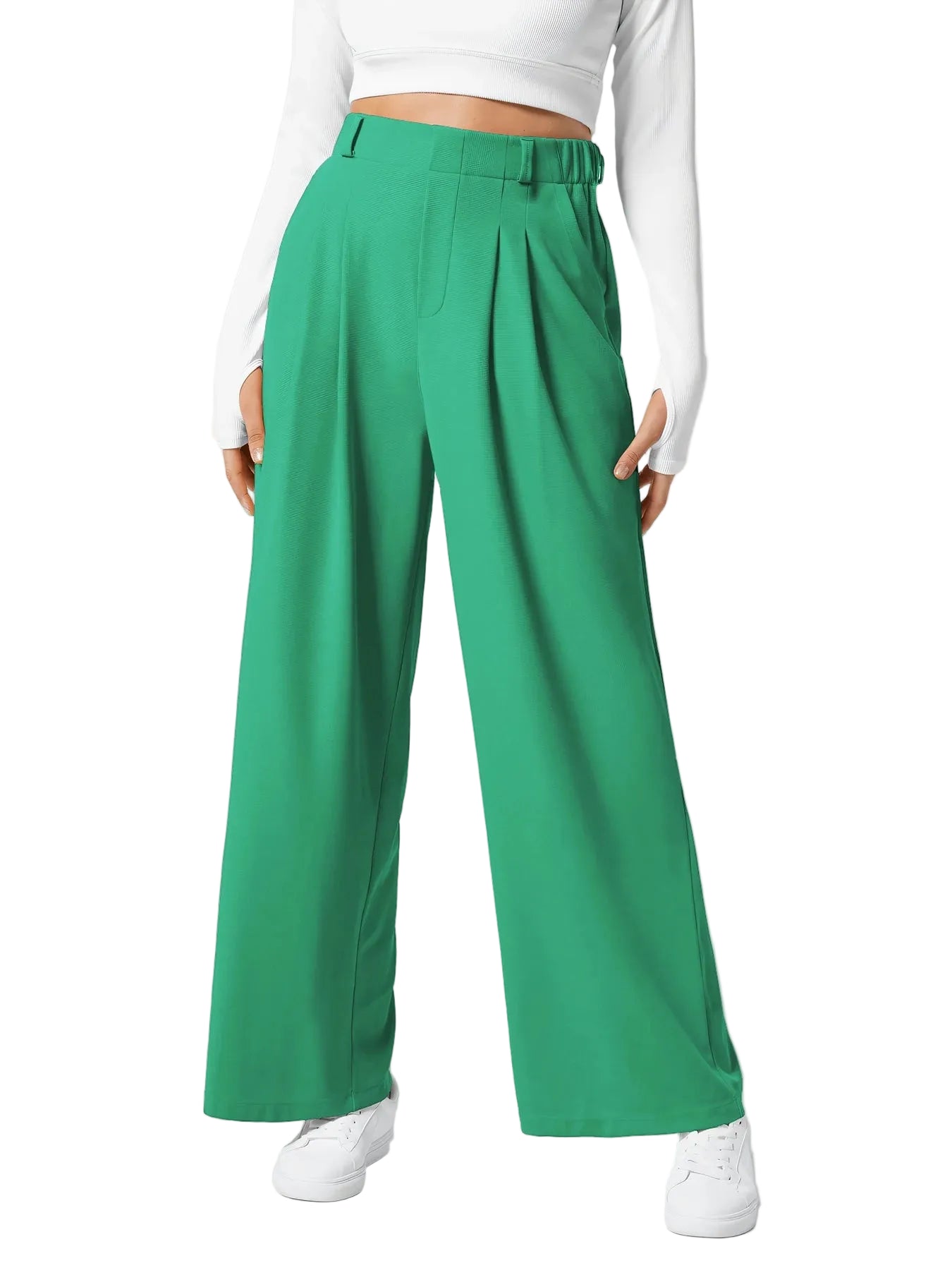 Pantalon plaid femme taille haute – coupe large effet minceur avec poches, style casual