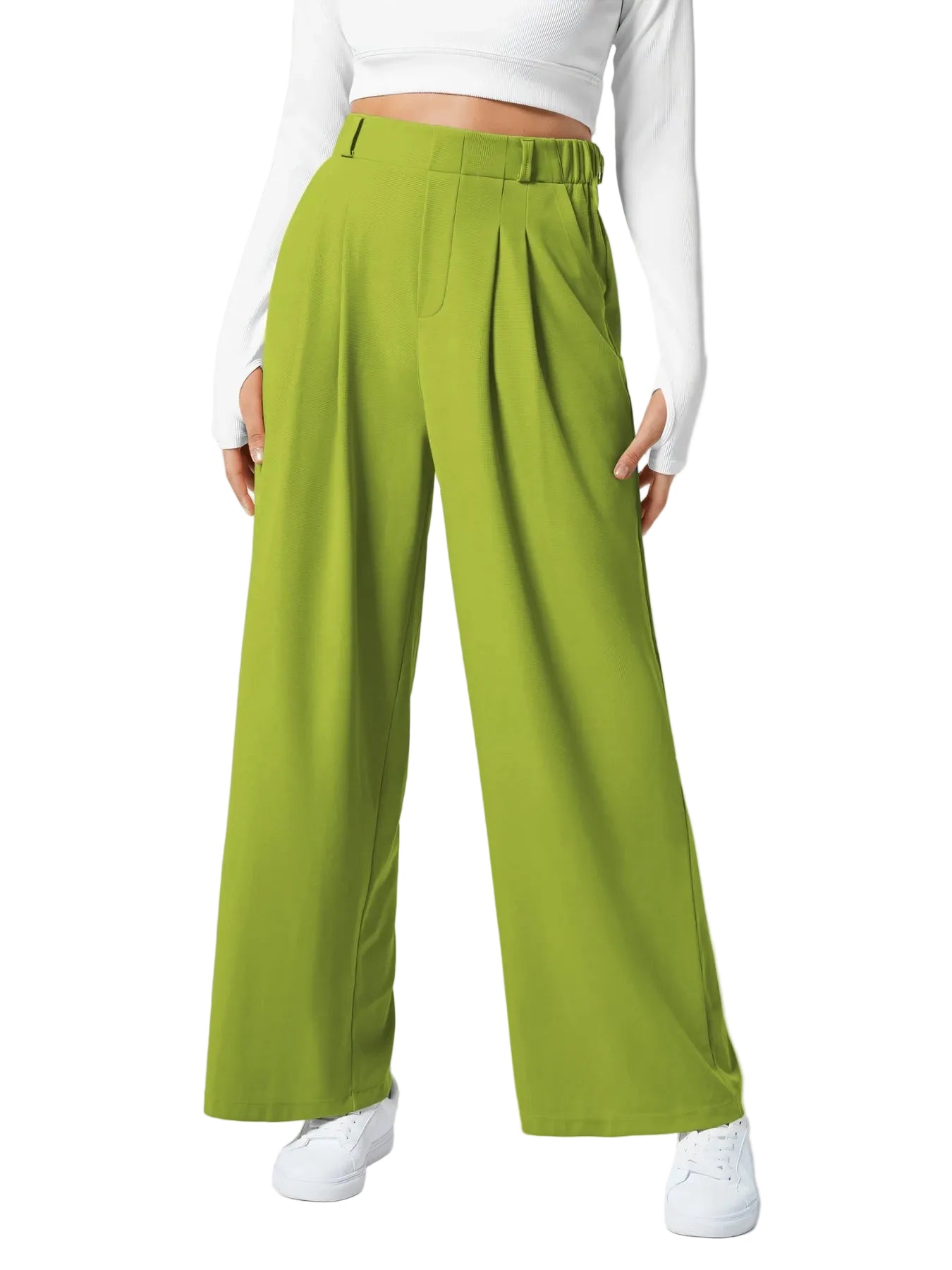Pantalon plaid femme taille haute – coupe large effet minceur avec poches, style casual
