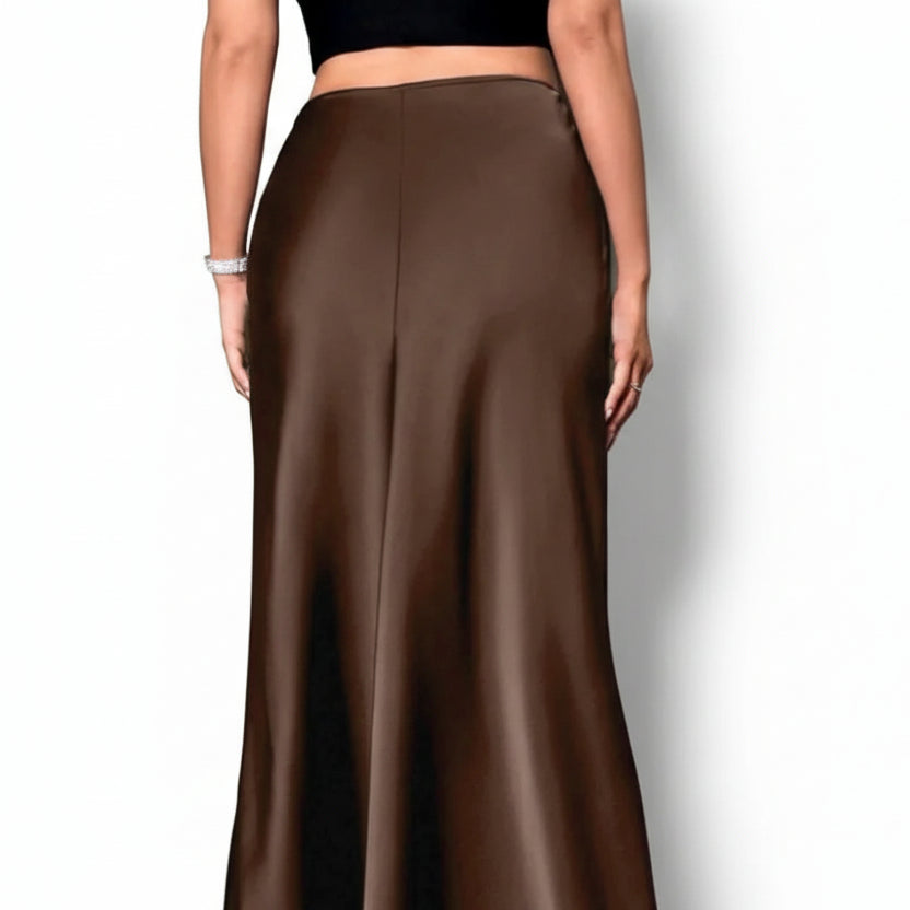 Jupe Midi Trapèze en Satin Effet Soie – Taille Haute Queue de Sirène Femme