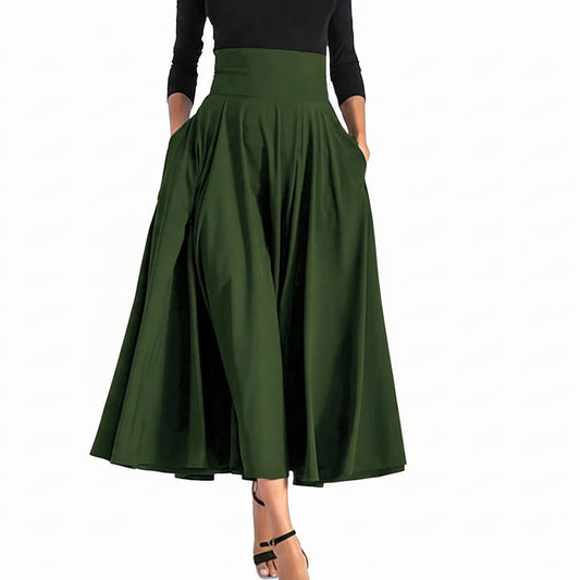 Jupe Trapèze Taille Haute Élastique Femme – Couleur Unie Élégante