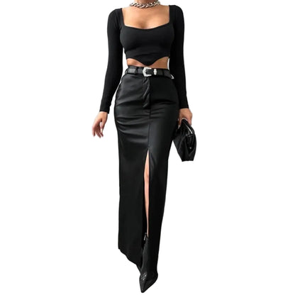 Jupe Longue en Cuir PU Taille Haute Femme – Style Slim Monochrome Élégant